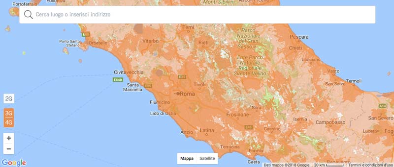 Mappa della Copertura di Wind nel centro Italia