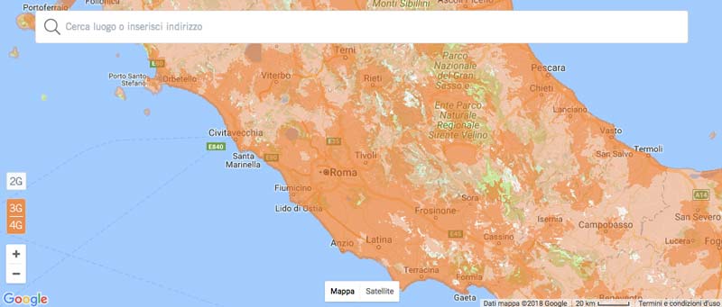 Mappa della Copertura di Wind nel centro Italia