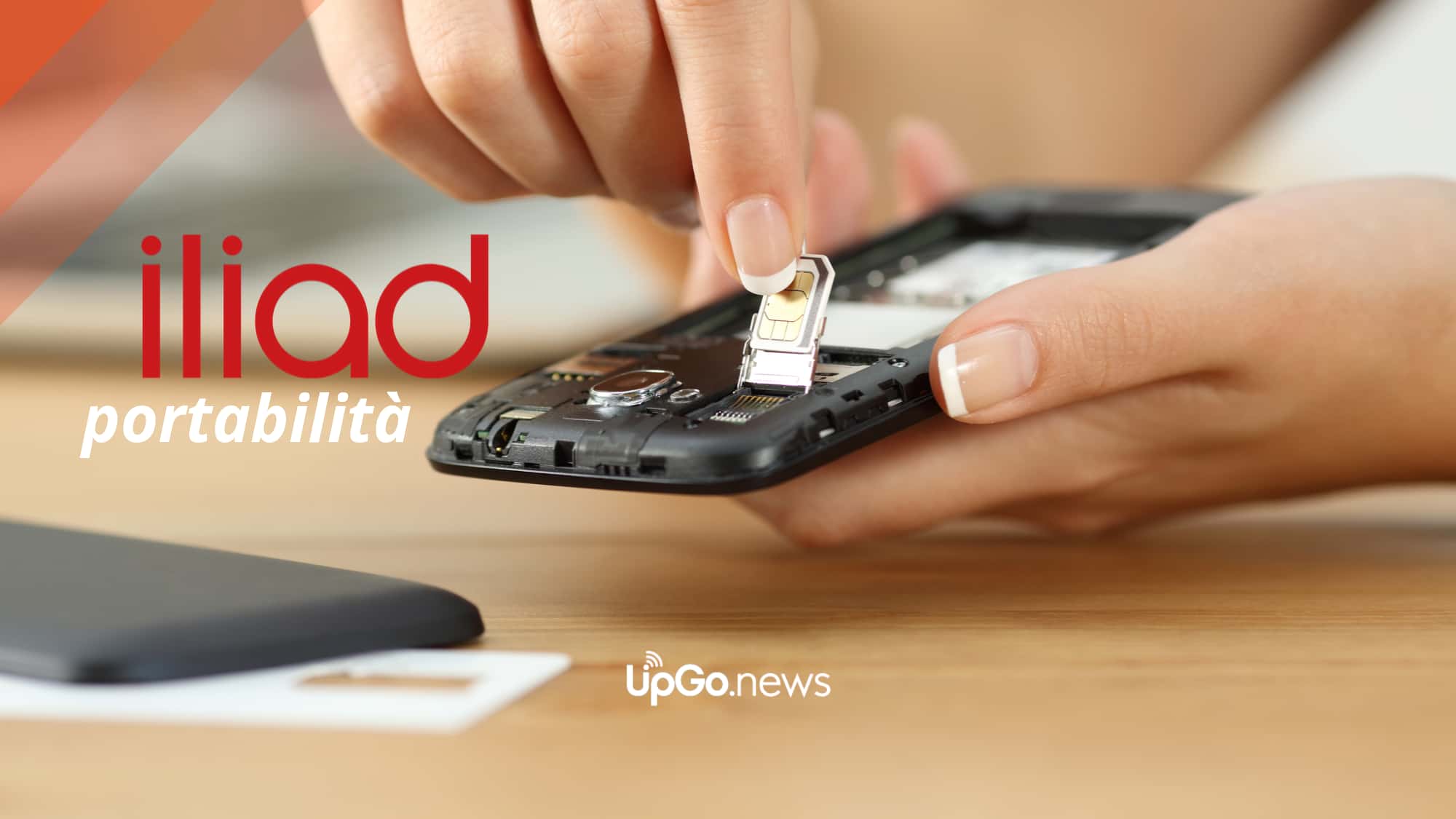 Immagine di uno smartphone e particolare dell'inserimento di una sim. Logo di Iliad Iliad Portabilità