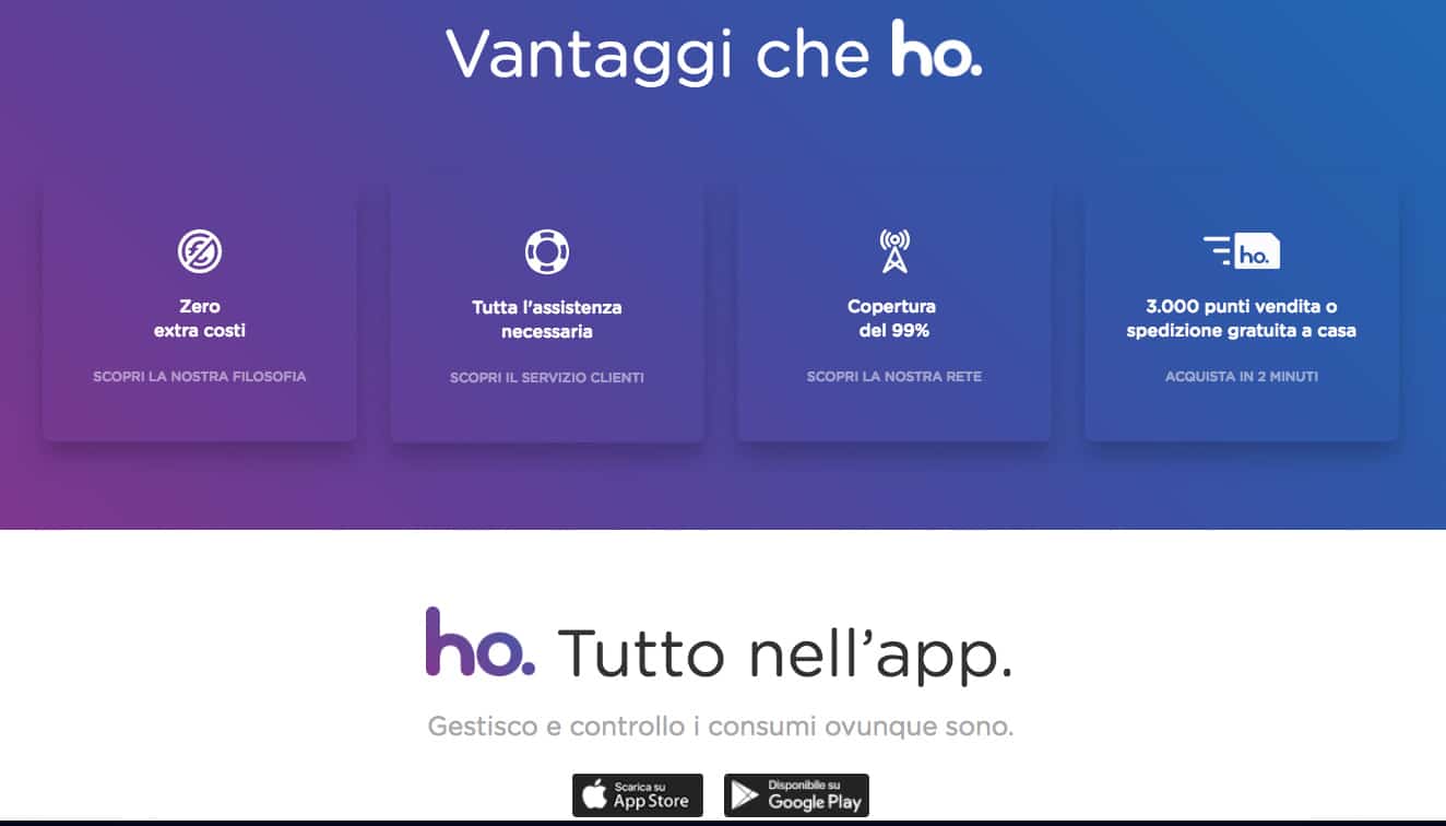 screenshot del sito di Ho Mobile