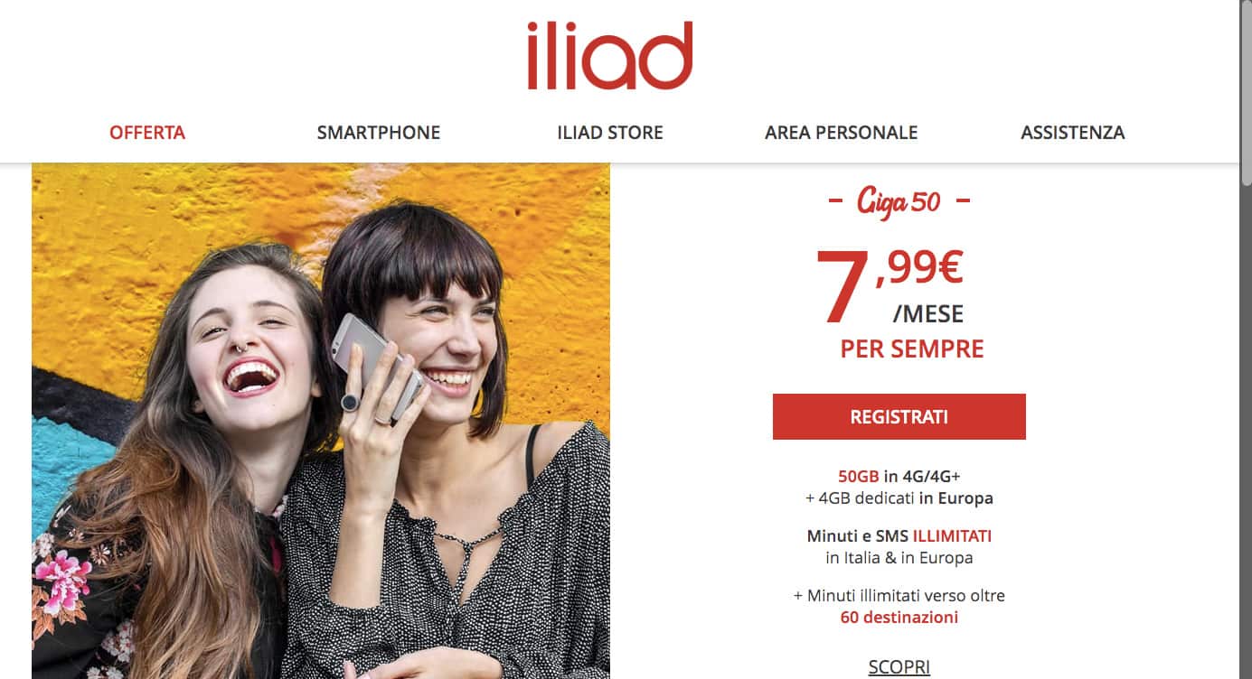 Screenshot del sito Iliad.it