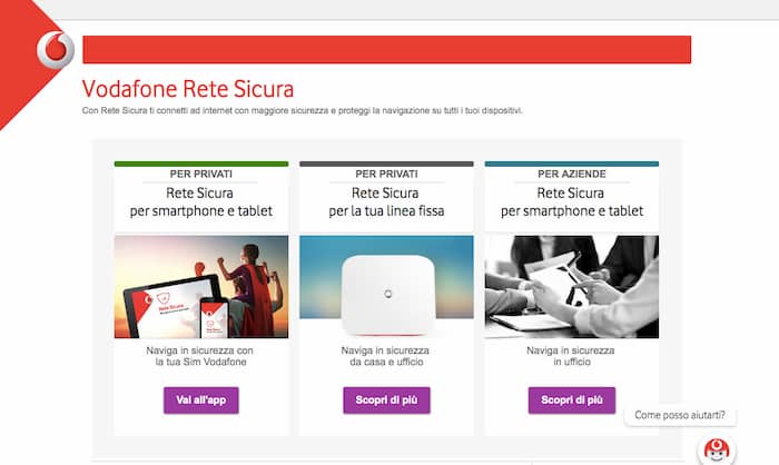 Sito Vodafone Rete Sicuro. Screenshot del sito web del servizio Vodafone Rete Sicura