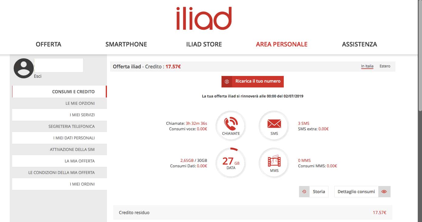 Iliad Area Personale. Screenshot del menu principale Iliad Area Personale. Screenshot del menu principale