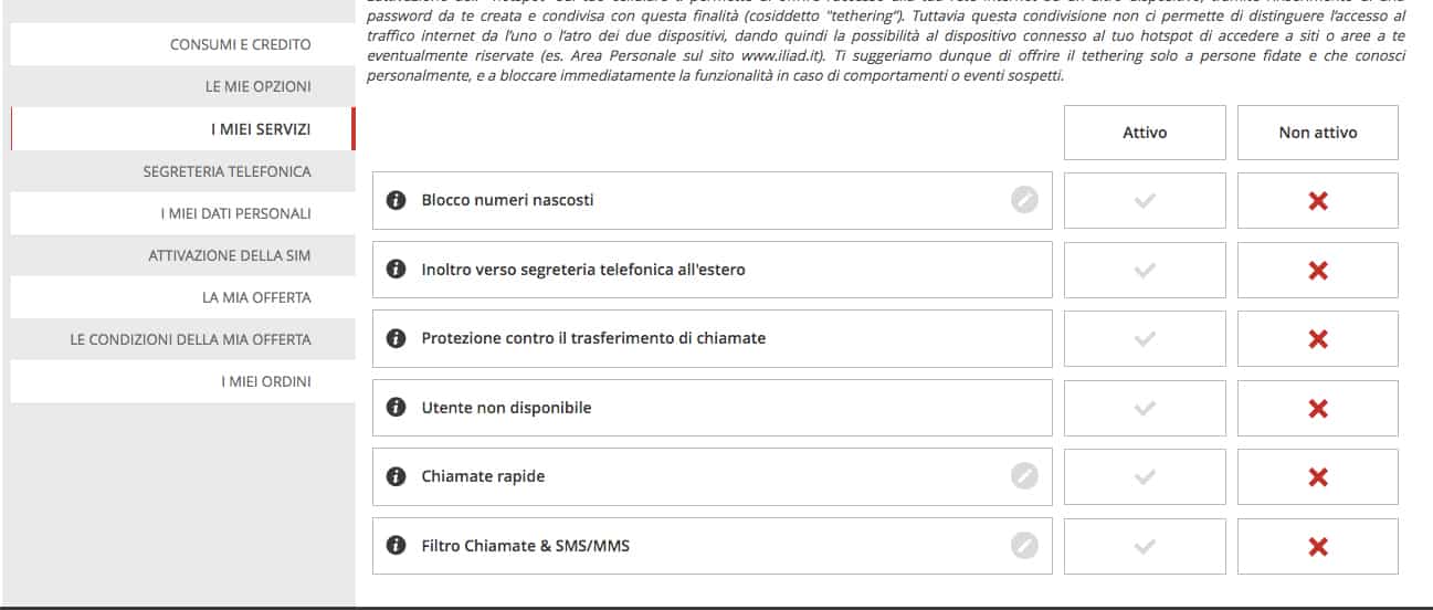 Screenshot dell'area personale di Iliad. In questa immagine si vedono i servizi disattivabili direttamente dell'area personale di Iliad Screenshot dell'area personale di Iliad