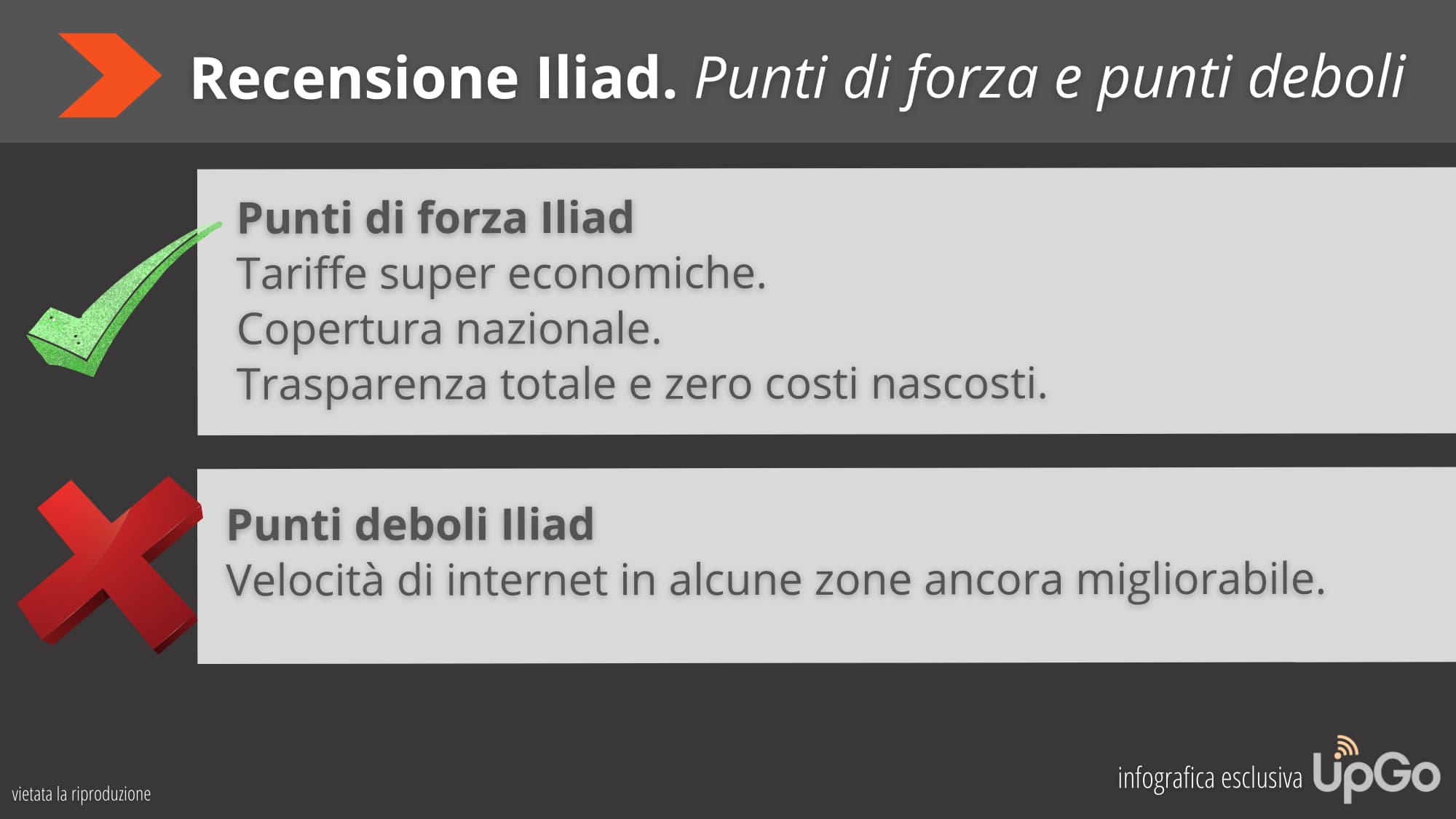 Recensione Iliad, conclusioni. Infografica che elenca pro e contro di Iliad Recensione Iliad, conclusioni