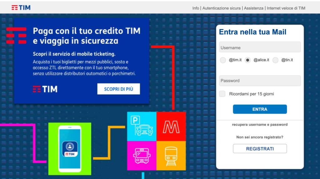 Interfaccia mail di TIM - Alice