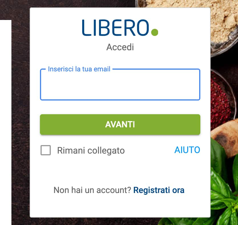 Libero Mail. Screenshot del pannello di login