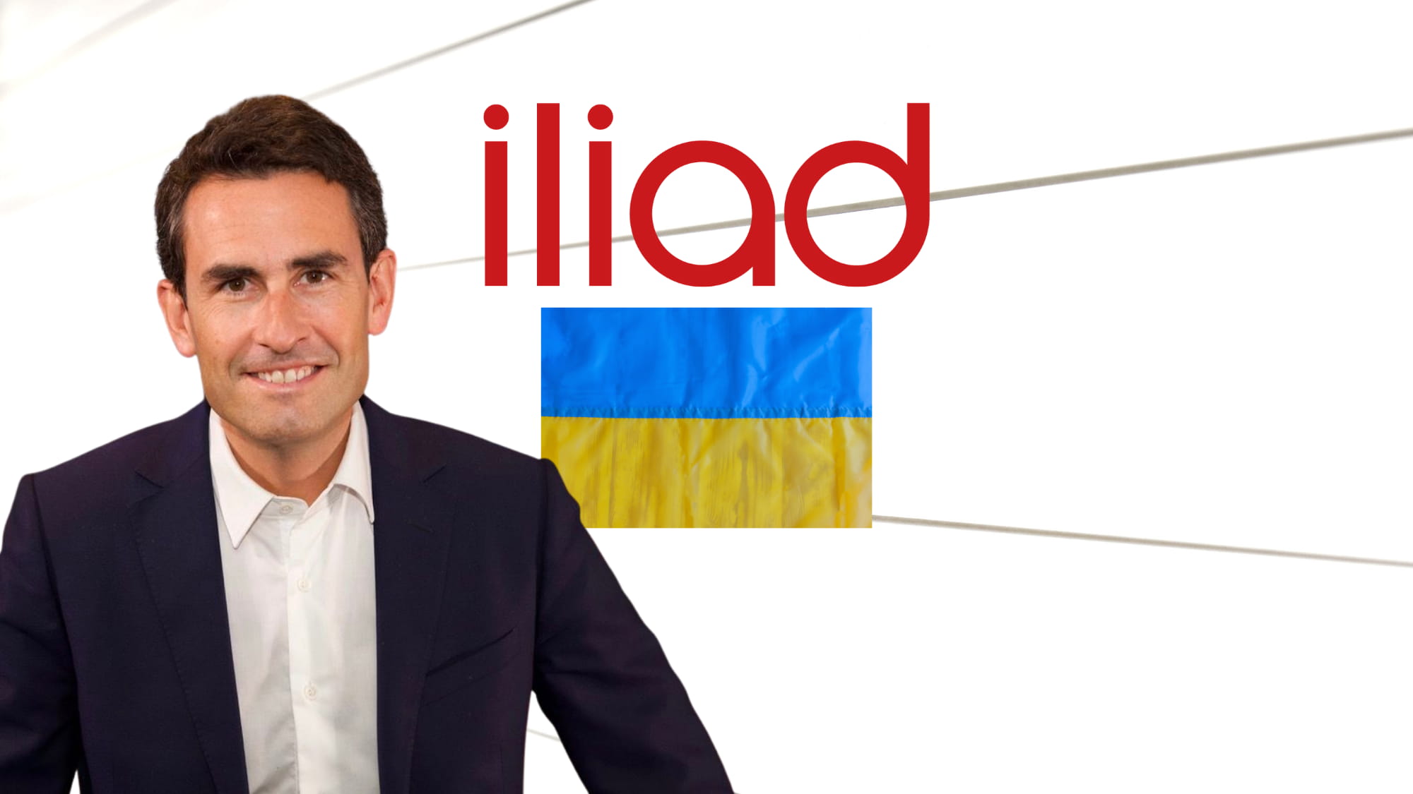 Iliad, logo della compagnia e foto di Thomas Reynaud e bandiera dell'Ucraina