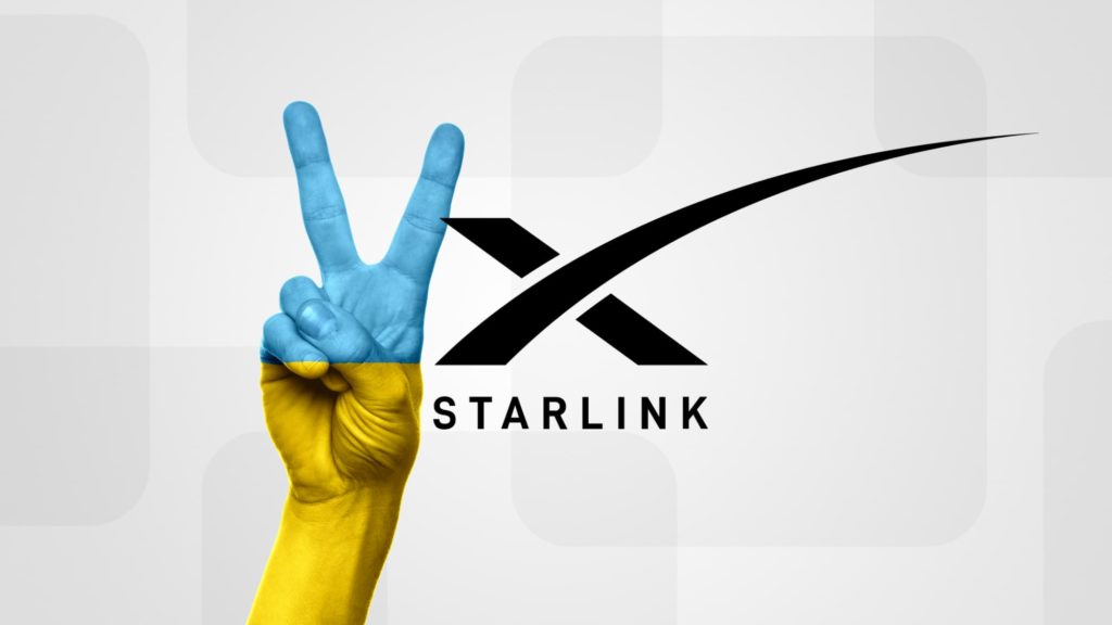 Logo Starlink e mano con colori dell'Ucraina