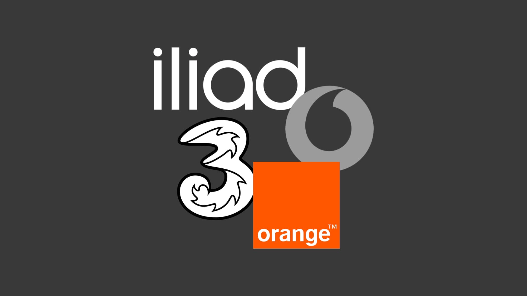 fusione gestori europei. Loghi di Iliad, Vodafone, 3 e Orange