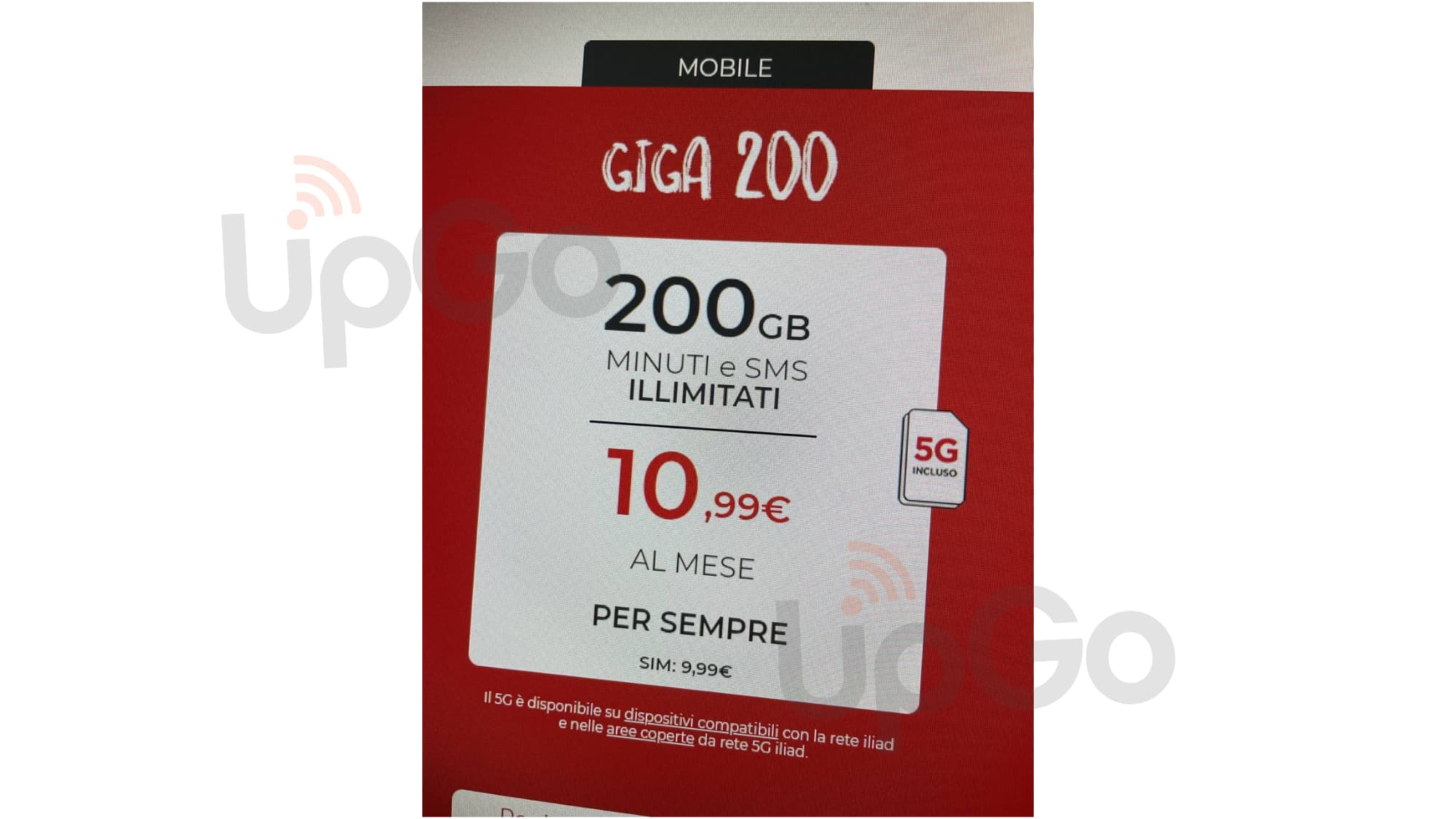 Offerta Iliad 200 giga a 10,99 euro al mese