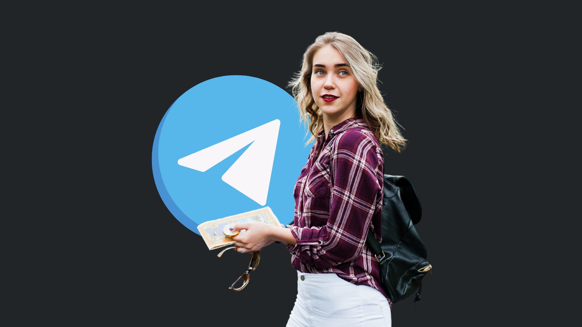 Telegram Viaggi e Vacanze. Logo di Telegram e foto di ragazza in viaggio