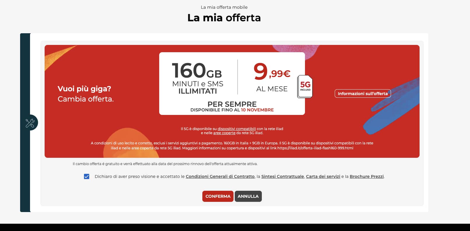 Conferma attivazione offerta 160 giga