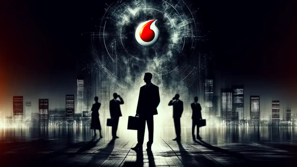 Uomini d'affari misteriosi e logo Vodafone sullo sfondo